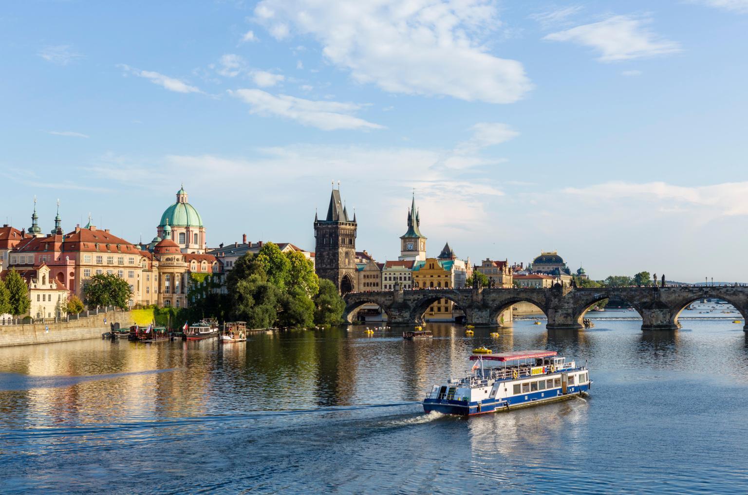 Cruise Boat on the Vltava River Looking Towards the Charles Bridge in Prague Alamy H3 Atbf